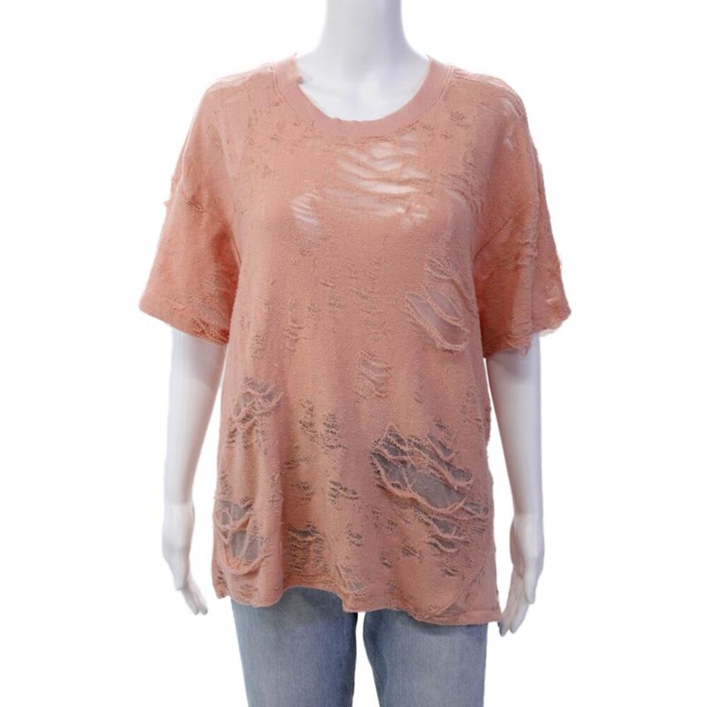 IRO Jeans Womens Cotton Round Neck Short Sleeve Distress Top Pink Size S
